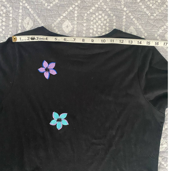 Michael Simon Lite Black Knee Length Dress Rare Embroidered Hula Flowers Medium - Picture 10 of 13